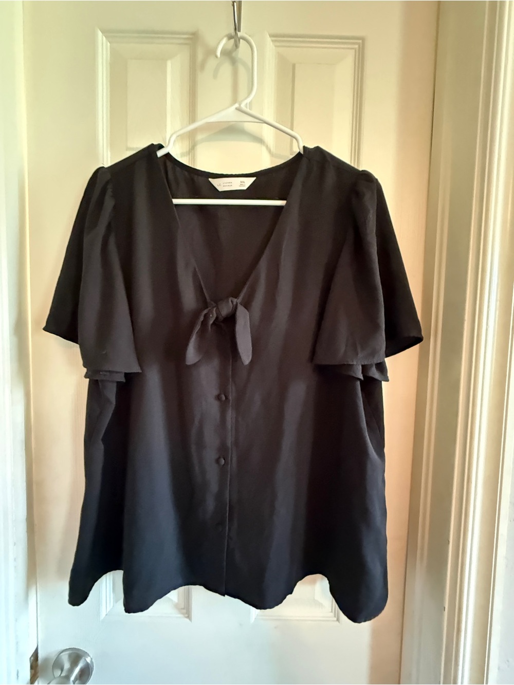LC Lauren Conrad Black Tie-Front Flutter Sleeve Blouse